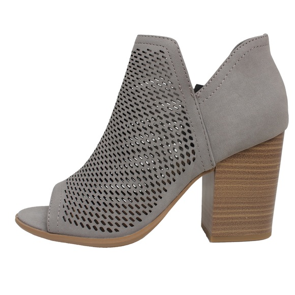 Grey Perforated Peep Toe Stacked Heel Ankle Boot - Picture 4 of 4